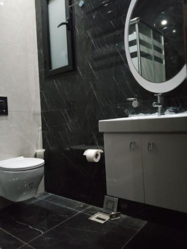 a bathroom with a sink and a toilet and a mirror at Résidence DarNejib, Nabeul in Nabeul