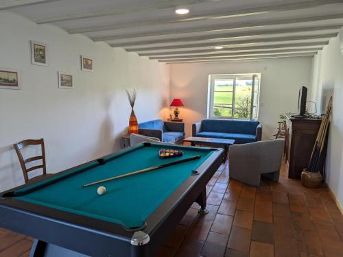 a living room with a pool table in a room at Maison spacieuse avec piscine privée, climatisation, Wi-Fi, animaux acceptés et parking - FR-1-653-268 in Montbron