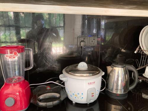 a kitchen counter top with a blender and a blender at Juula lagoon resort in Dodanduwa