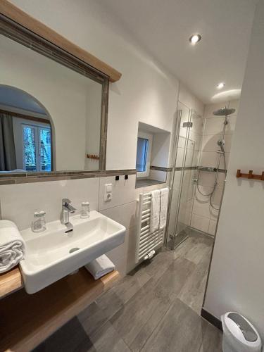 ザンクト・ヴォルフガングにあるgartenhouseの洗面台とシャワー付きのバスルーム