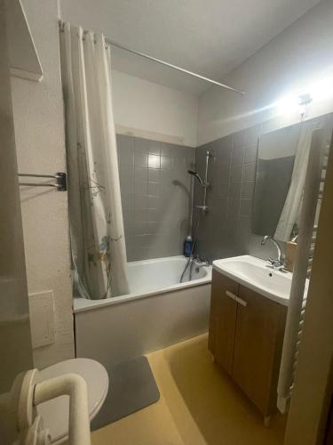 une salle de bain avec une baignoire, des toilettes et un lavabo dans l'établissement Appartement Val Soleil à 250 m des pistes, à Gourette