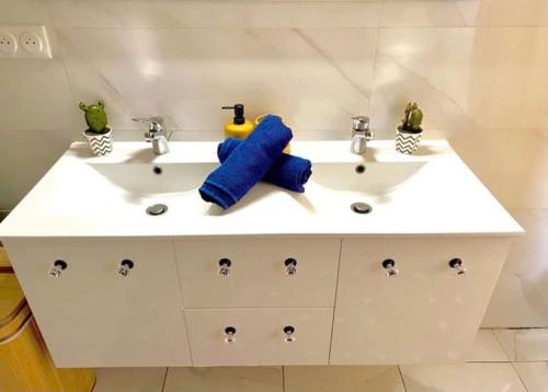 - une salle de bains blanche avec deux lavabos et une serviette bleue dans l'établissement Toulouse vaste appartement très lumineux, à Toulouse