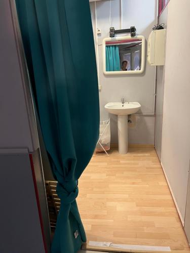 サバデイにあるTessasapartments Sabadellのバスルーム(青いシャワーカーテン、シンク付)