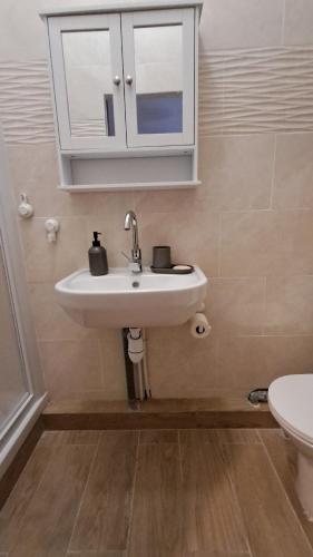 une salle de bain avec un lavabo et un miroir et des toilettes dans l'établissement Studio au cœur du vieux port, à Marseille