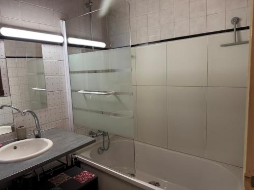 a bathroom with a sink and a glass shower at Vénosc-Les 2 Alpes , Rez de jardin in Vénosc