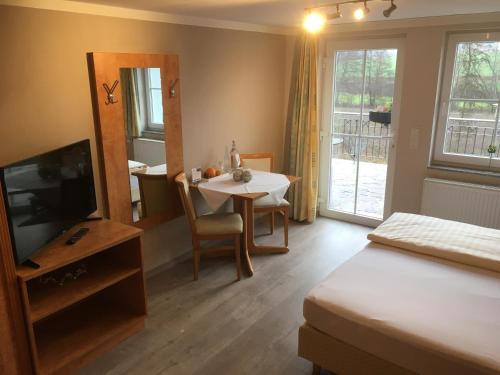 a room with a bedroom with a table and a television at Hofgut Langenborn Wohnen auf Zeit möblierte Apartments Aschaffenburg Alzenau Frankfurt in Schöllkrippen