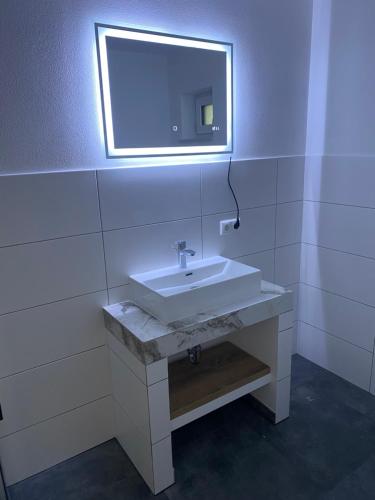 a bathroom with a sink and a mirror at Apartments Y Edelhof in Saalfeld