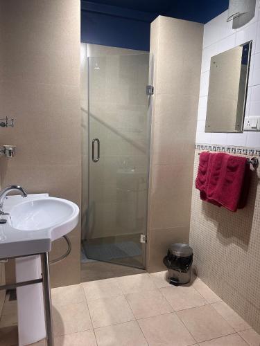 a bathroom with a glass shower and a sink at Skylark Resort in Colva