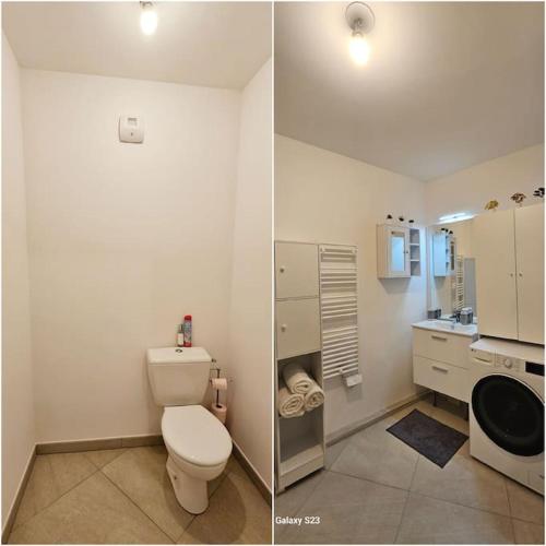 - deux photos d'une salle de bains avec toilettes et lavabo dans l'établissement Élégant appart à Montpellier Terrasse et parking, à Montpellier