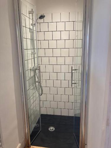 une douche avec une porte vitrée dans une salle de bain dans l'établissement Chambres d'hôtes à la ferme de Coumodous, à Montmaurin