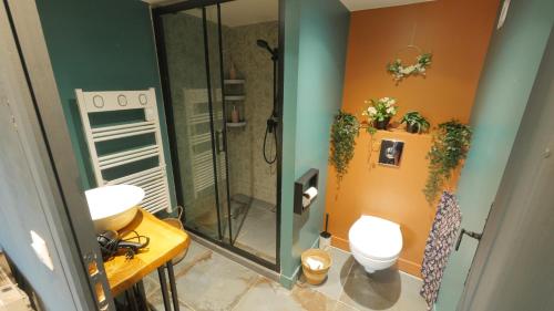 a bathroom with a shower and a toilet and a sink at Le Gîte des Jardins d'Ispahan in Prignac-et-Marcamps