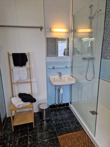 a bathroom with a sink and a shower at Local Bruges hospitality, flavors and free parking 3 in Bruges