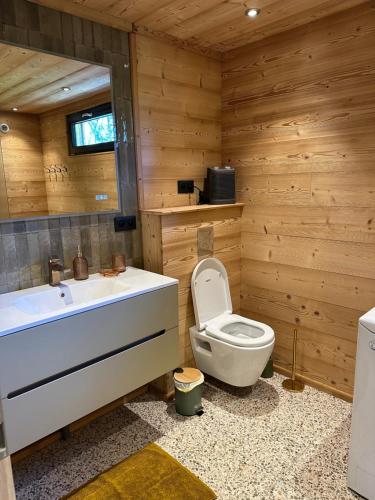 a wooden bathroom with a toilet and a sink at Sous Les Pins in Labaroche