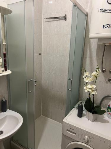 Un baño con ducha, inodoro y lavabo. en TripleA Sr apartments, en Belgrado