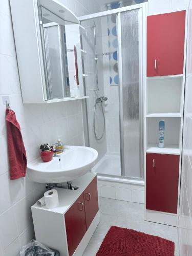 a bathroom with a white sink and a shower at Ferienzimmer Healing und Montuerwohnung in Weißenfels