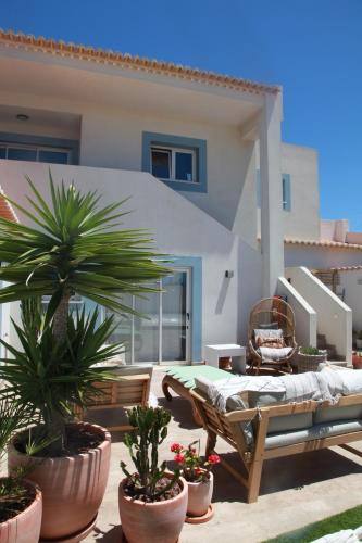 a patio with potted plants in front of a house at Casa Biota in Sagres