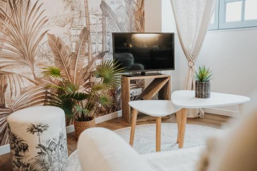 Televízia a/alebo spoločenská miestnosť v ubytovaní -Les Petits Ga!llards- 3 Studios à Thèmes
