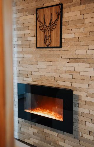 d'un mur en briques avec une cheminée à tête de cerf. dans l'établissement -Les Petits Ga!llards- 3 Studios à Thèmes, à Brive-la-Gaillarde