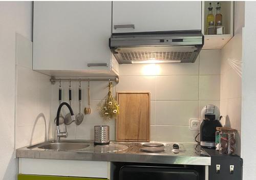 une petite cuisine avec un évier et une cuisinière dans l'établissement Studio tout confort au calme proche centre ville, à Strasbourg