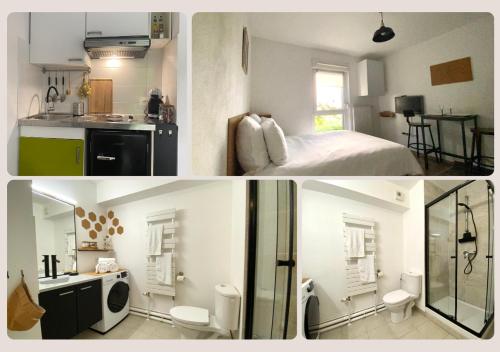 - deux photos d'une cuisine et d'une chambre dans l'établissement Studio tout confort au calme proche centre ville, à Strasbourg