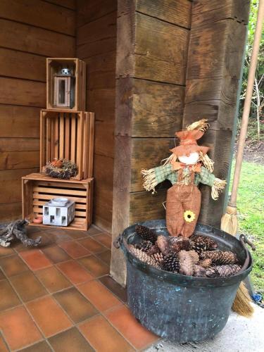 a porch of a log cabin with a fire pit at Ferienhaus Aida in Schwarzach