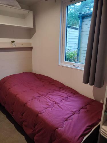 - une chambre avec un lit violet en face d'une fenêtre dans l'établissement MH LA PINEDE, aux Mathes