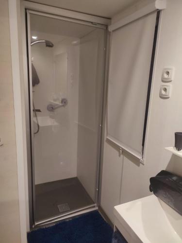 une douche avec une porte vitrée dans une salle de bain dans l'établissement MH LA PINEDE, aux Mathes