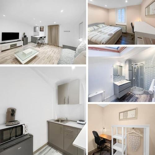 un collage de photos d'une cuisine et d'une chambre dans l'établissement L'Oasis Champenois - Terrace, Garden, Wifi, à Châlons-en-Champagne