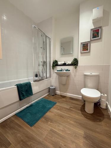 a bathroom with a toilet and a shower and a sink at Vibrant cosy 2 Bedroom Apartment in Coventry