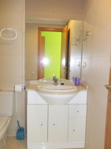 a bathroom with a white sink and a green wall at Playa Sol Mediterranea in Denia