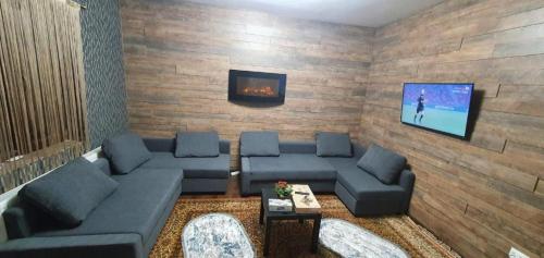 a living room with a couch and a flat screen tv at Apartament Anahita in Sinaia