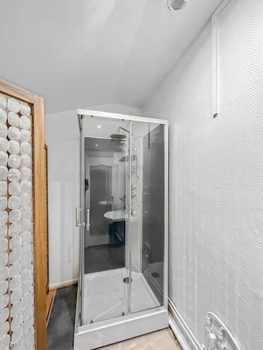 une douche en verre dans une salle de bain avec un lavabo dans l'établissement Cachette Champenoise - Downtown, Wifi , 2 pers, à Châlons-en-Champagne