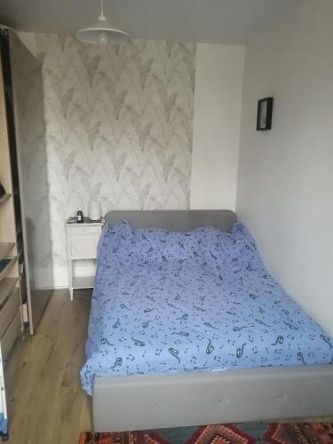 ein Schlafzimmer mit einem Bett mit einer blauen Bettdecke in der Unterkunft Appartement F2 Paris la villette 4 chemins in Aubervilliers