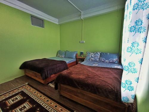 two beds in a room with green walls at Ratna Homestay & Restaurant in Darjeeling