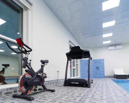 a gym with two exercise bikes and a swimming pool at Elva farm in Sinādil