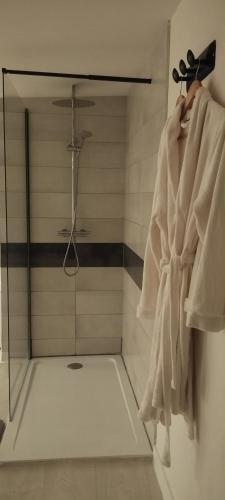 La salle de bains est pourvue d'une douche et d'un porte-serviettes. dans l'établissement Love room avec spa privatif, à Saint-Amarin