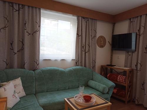 a living room with a green couch and a window at Haus Pirchl in Westendorf