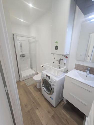 une salle de bain avec machine à laver et toilettes dans l'établissement Le Palazzo, à Dieppe