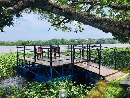 a wooden dock with two chairs on it next to a tree at New Lavan Bolgoda in Piliyandala