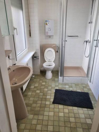 een badkamer met een toilet, een wastafel en een douche bij Studio 1 in Luxemburg