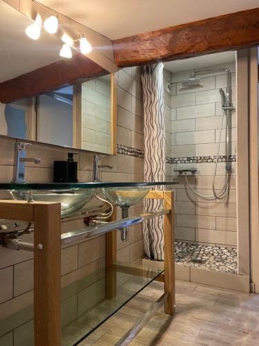 La salle de bains est pourvue d'un lavabo en verre et d'une douche. dans l'établissement Chez Pauline & Vincent Côté Canal, à Carcassonne