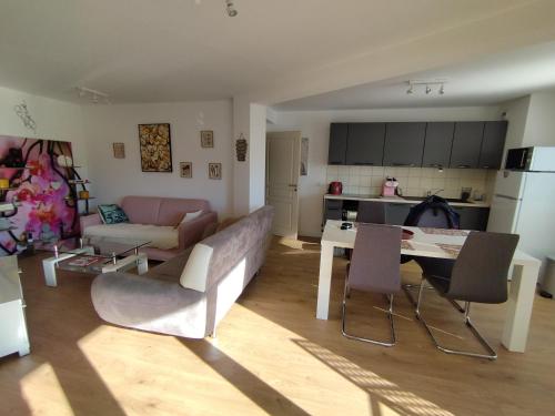 un salon avec un canapé et une table dans l'établissement Chez Damien, à Pontarlier