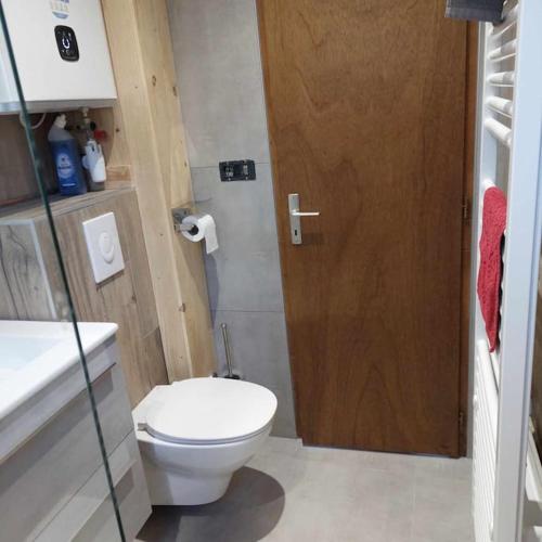 a bathroom with a toilet and a wooden door at superbe appart cosy T2, la clairière du lac, rez de jardin, terrasse fermée in Gérardmer