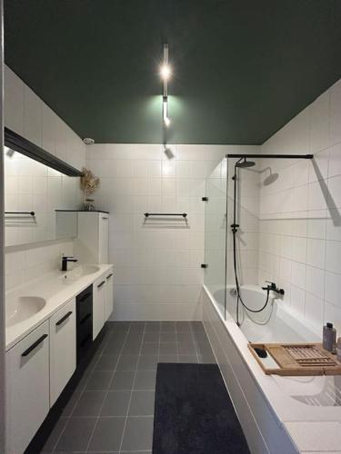 a white bathroom with a shower and a sink at Duplex appartement, Burcht in Zwijndrecht