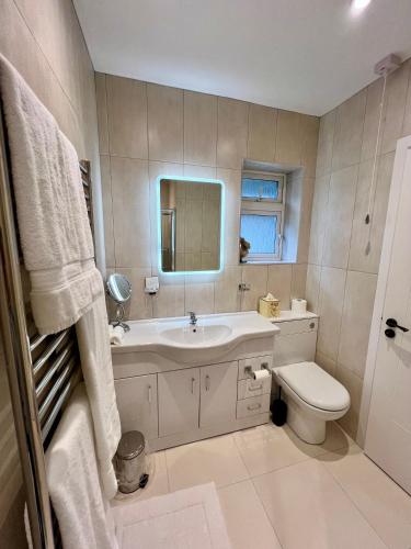 a bathroom with a sink and a toilet and a mirror at Hotel at Home in Shoreham by Sea in Shoreham-by-Sea