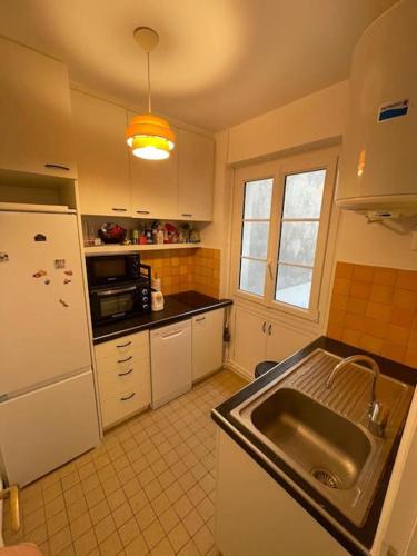 une cuisine avec un évier et un réfrigérateur blanc dans l'établissement Charming and bright flat in a very convenient area, à Paris