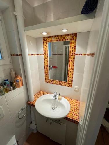 une salle de bain avec un lavabo et un miroir dans l'établissement Charming and bright flat in a very convenient area, à Paris