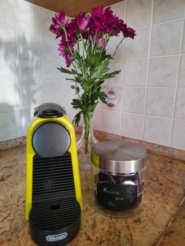 a yellow and black toaster next to a vase of purple flowers at Apartmá Gister ski and wellnes in Rokytnice nad Jizerou