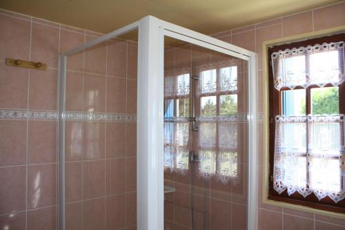 a bathroom with a shower and a window at Gîte Les trois pins in Saint-Germain-sur-Ay