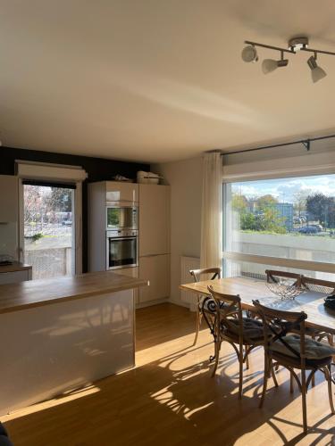 une cuisine et une salle à manger avec une table et des chaises dans l'établissement Appartement 4 pièces aux portes de Paris, à Arcueil
